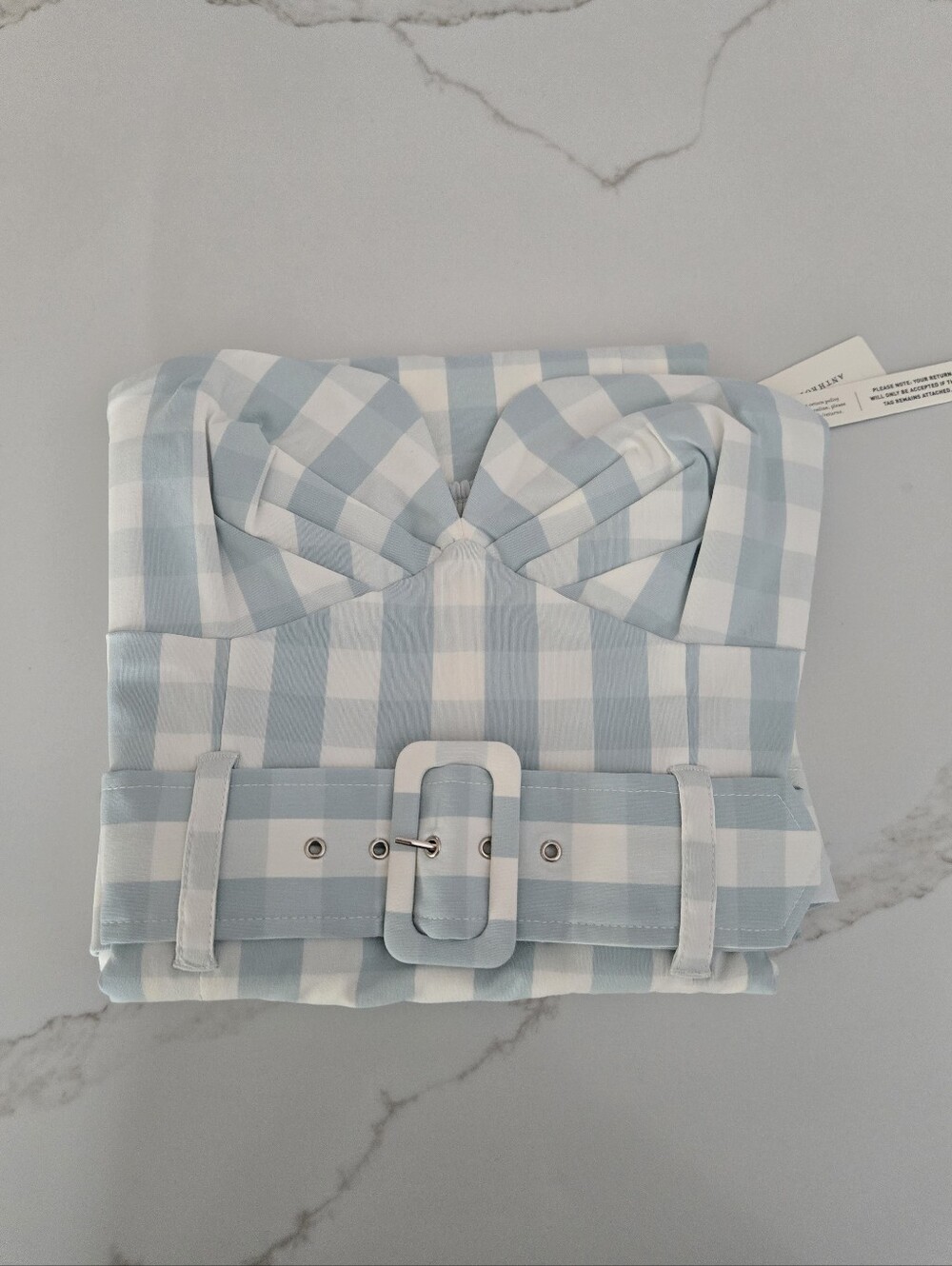 NWT Anthropologie Light Blue and White Gingham Strapless Dress with Belt - Picture 2 of 6